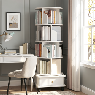 Sunvega 360° Rotating Bookshelf with Wheels and Drawer for Space-Saving Storage