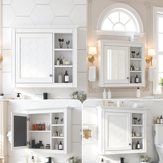 Sunvega Modern Wall Mounted Mirror Cabinet with 3 Open Shelves for Bathroom Storage