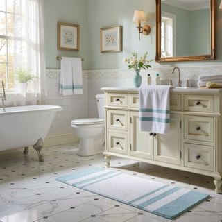 Sunvega Reversible Cotton Bath Rug with Plush Stripes and Textured Massage