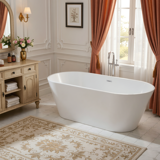 Sunvega 59 Inch Acrylic Freestanding Soaking Tub with Gold Overflow Drain