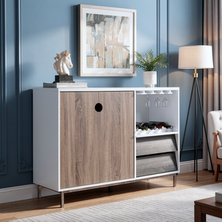 Sunvega White & Dark Taupe Distressed Grey Wooden Cabinet with Drawer and Glass Rack