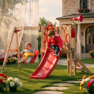 Sunvega 4 in 1 Wooden Swing Set with Baby Swing Slide Captain's Wheel Horn for Kids