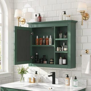Sunvega Modern Wall Mounted Mirror Cabinet with 3 Open Shelves for Bathroom Storage