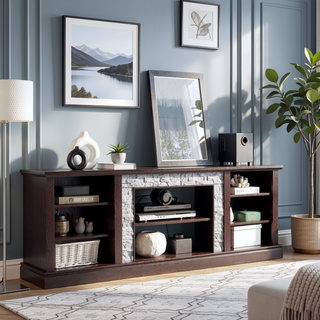 Sunvega 70.12" White Faux Stacked Stone Media Console with Large Storage Cabinet
