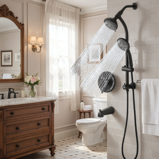 Sunvega Drill-Free Stainless Steel Slide Bar Combo Rain Showerhead with 7-Setting Hand Shower