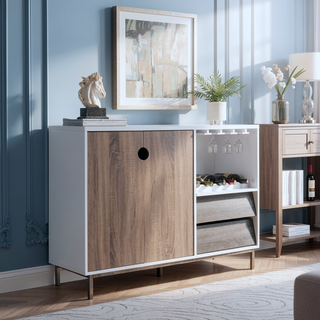 Sunvega White & Dark Taupe Distressed Grey Wooden Cabinet with Drawer and Glass Rack