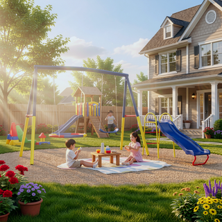 Sunvega Heavy-Duty A-Frame Metal Outdoor Swing Set with Saucer and Belt Swings