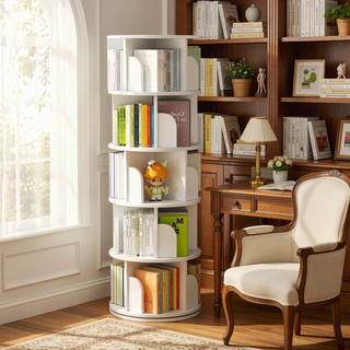 Sunvega 360° Rotating Bookshelf with Wheels and Drawer for Space-Saving Storage