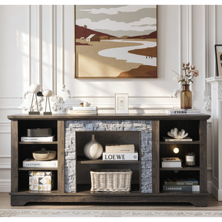 Sunvega Modern Faux Stacked Stone Mantel TV Media Stand with Open Storage
