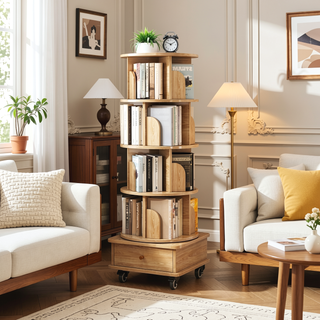 Sunvega 360° Rotating Bookshelf with Wheels and Drawer for Space-Saving Storage