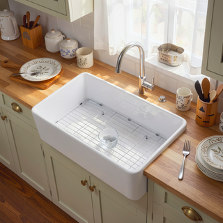 Sunvega 33 Inch White Porcelain Ceramic Farmhouse Kitchen Sink Workstation with Reversible Apron