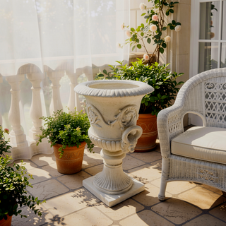 Sunvega Roman Design Concrete Chalice Urn Planter with Botanical Accents for Garden