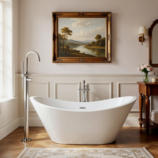 Sunvega 59 Inch Acrylic Freestanding Soaking Tub with Gold Overflow Drain