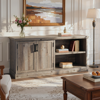 Sunvega Modern Brown Finished Storage Credenza with Adjustable Shelves and Double Doors