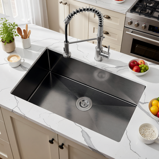 Sunvega 33x19 Inch Black Single Bowl Undermount Kitchen Sink with Drain Grooves
