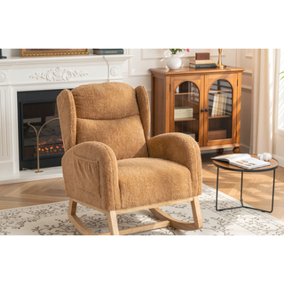 Sunvega Teddy Fabric Rocking Chair With Wood Legs For Living Room And Bedroom