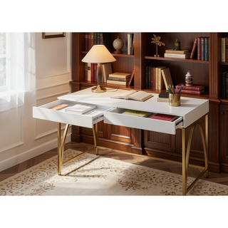 Sunvega White High Gloss Vanity Desk with Gold Finish and 2 Storage Drawers