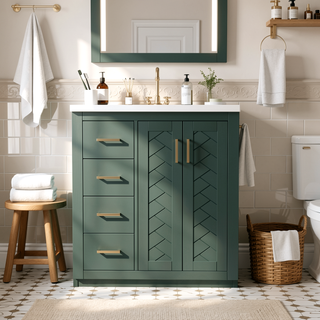 Sunvega 30 Inch Solid Wood Freestanding Bathroom Vanity with Ceramic Sink and Storage