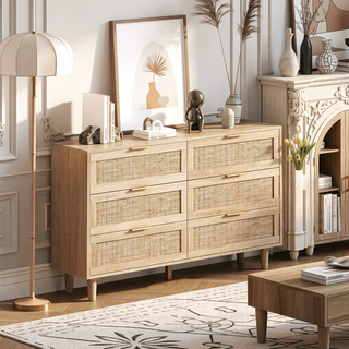 Sunvega Modern Natural Rattan 6 Drawer Dresser with Wood Legs for Bedroom Storage