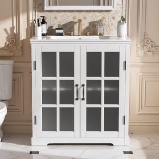 Sunvega Modern 30 Inch Bathroom Vanity with Ceramic Sink and Tempered Glass