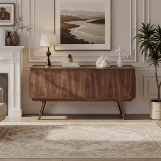 Sunvega Contemporary Walnut Wood Media Cabinet with Sliding Doors and Angled Legs