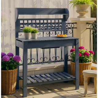Sunvega Outdoor Potting Bench with Sliding Tabletop Dry Sink and Storage Shelf