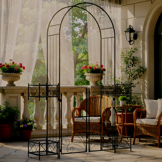 Sunvega Black Metal Garden Arch Arbor with Gate and Planters for Vines and Wedding