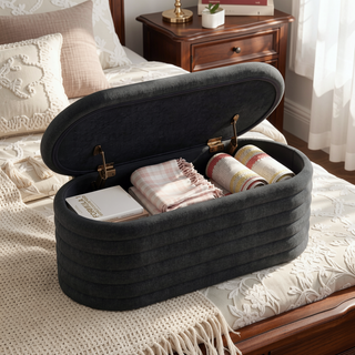 Sunvega Light Grey Upholstered Fabric Storage Ottoman Bench with Safety Hinge