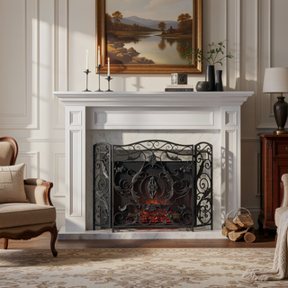 Sunvega Traditional Iron Fireplace Screen with Three-Panel Design and Floral Accents