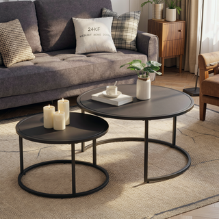 Sunvega Modern Faux Leather Round Nesting Coffee Table with Golden Metal Base Set of 2