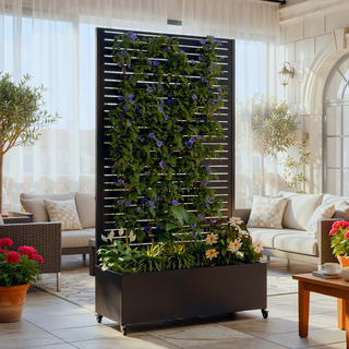 Sunvega Metal Planter Box with Trellis Raised Garden Bed on Wheels for Climbing Plants