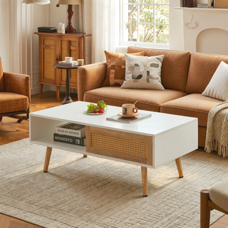 Sunvega Rattan Woven Coffee Table with Sliding Door Storage and Solid Wood Legs