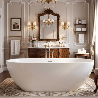 Sunvega 59 Inch Freestanding Solid Surface Soaking Bathtub with Overflow Drain for Contemporary Bathroom