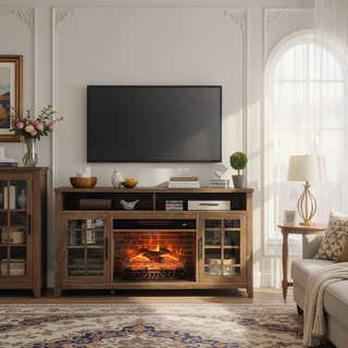 Sunvega Reclaimed Barnwood 55 inch TV Media Stand with Electric Fireplace Heater