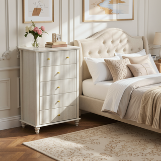 Sunvega Fluted 5 Drawer Dresser with Metal Handle and Wooden Top for Bedroom