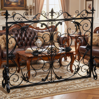 Sunvega Ornate Iron Fireplace Screen with Aged Powder Coated Black Finish