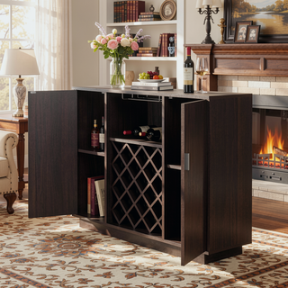 Sunvega Espresso Wooden Frame Wine Cabinet with Stemware Rack and Doors