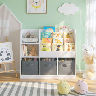 Sunvega Multifunctional 4 Tier Wooden Kids Bookshelf and Toy Storage Organizer with Display Stand