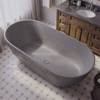 Sunvega Matte Gray 59 Inch Freestanding Stone Resin Bathtub with Overflow Drain