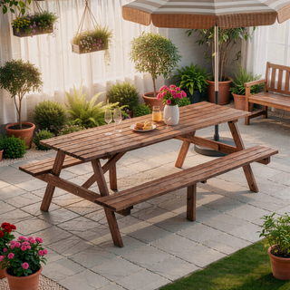 Sunvega Fir Wood Picnic Table with 2 Benches 75 Inch Dining Surface 2220lb Capacity