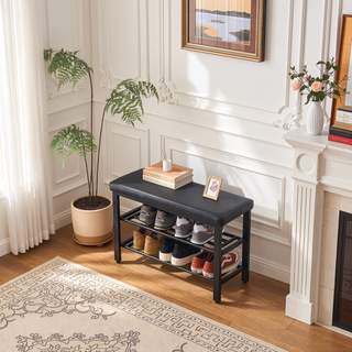 Sunvega 3-Tier Entryway Shoe Rack Bench with Comfortable Linen Cushion and Metal Mesh Shelves
