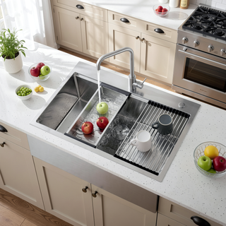 Sunvega 32x19 Inch Overmount Single Bowl Kitchen Sink in Brushed Nickel