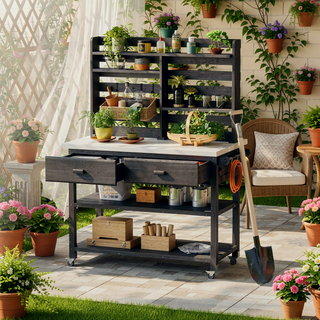 Sunvega Fir Wood Outdoor Potting Bench with Stainless Steel Top and Lockable Wheels