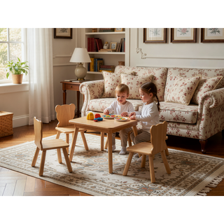 Sunvega Kids Table and 2 Chairs Set Wooden Activity Play Table with Bear and Tiger Design