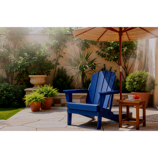 Sunvega Folding Adirondack Chair Set with Wood Texture and Side Table in Navy Blue