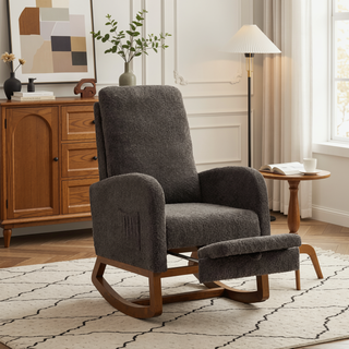 Sunvega High Back Boucle Rocking Chair with Retractable Footrest and Side Pocket