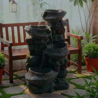 Sunvega 4-Tier Polyresin Cascading Rock Bowl Fountain with LED Light for Indoor Outdoor