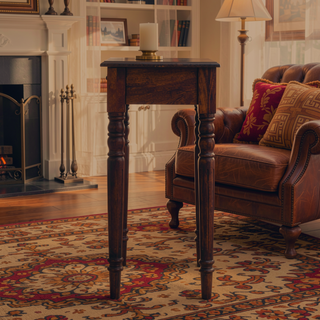 Sunvega Solid Mango Wood Writing Desk with Chestnut Finish and Hand-Carved Flute Legs