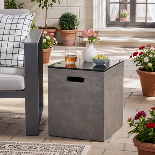 Sunvega Modern Ceramic Top Concrete Side Table Tank Holder with Polished Black Finish