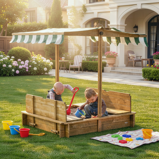 Sunvega Kids Wooden Sandbox with Adjustable Canopy Foldable Bench Seats and Bottom Liner